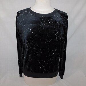 Suzy Shier Black White Space Constellations Velour Long Sleeve Top shirt Women S